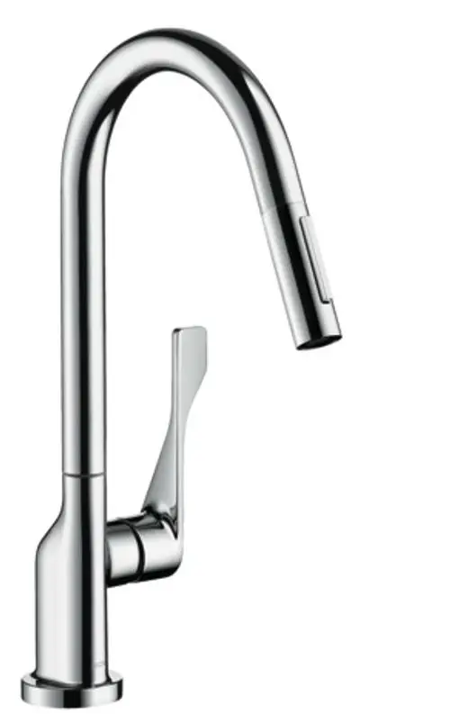 Axor Spültischmischer mit hohem, geschwungenem Auslauf und Ausziehbrause; Hebel zur Steuerung der Wassermenge und -temperatur an der Seite.
